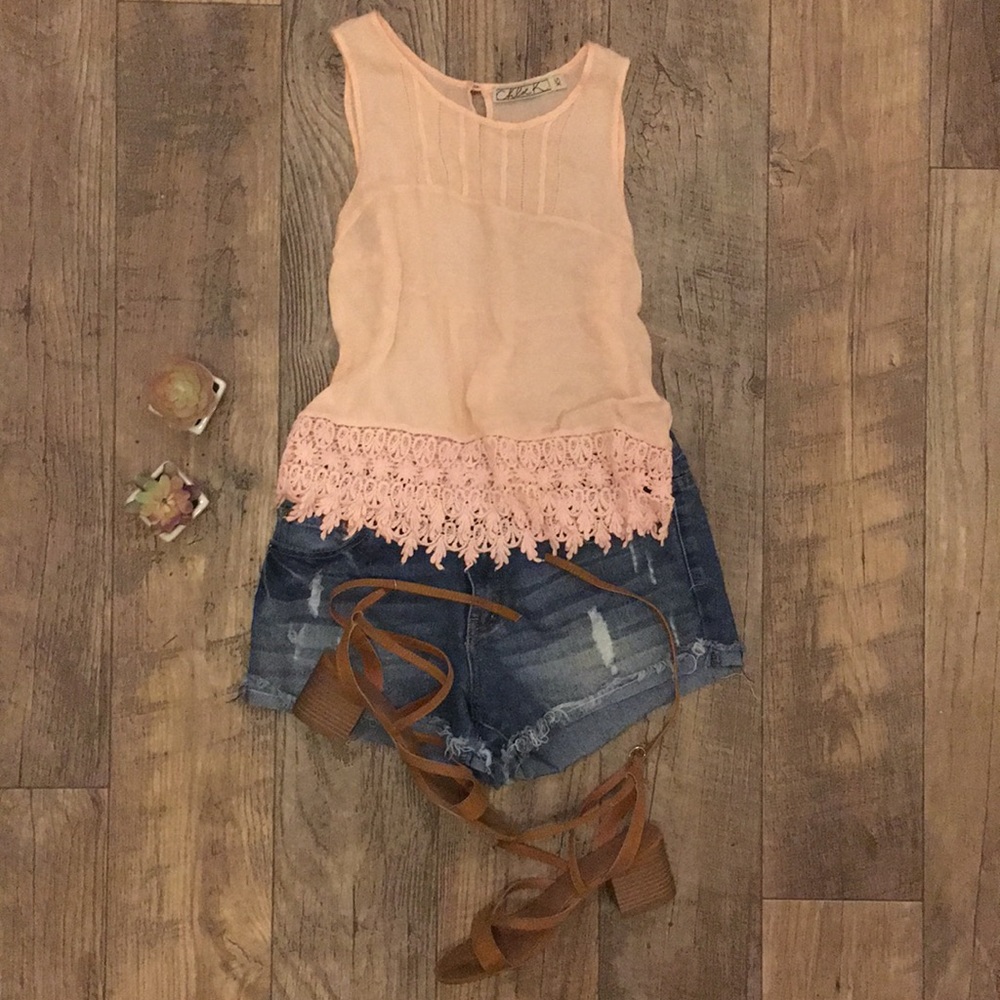 💓 Chloe K light pink sheer lace top XS